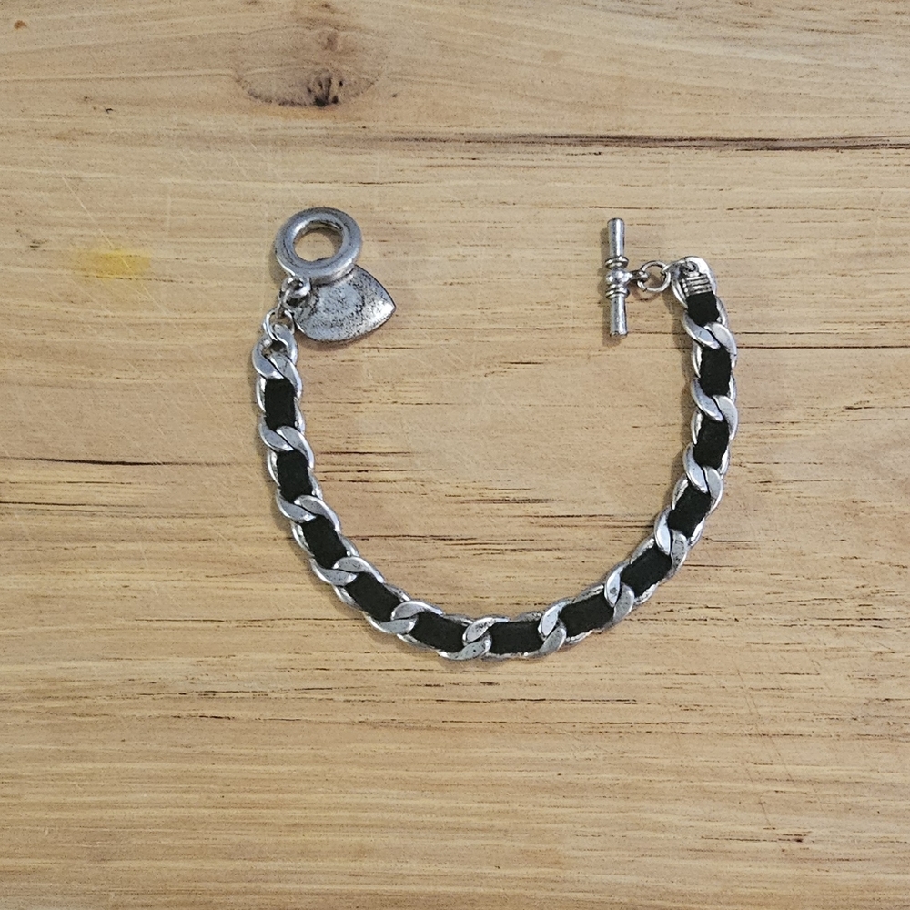 Hand Crafted Silver Tone and Black Ribbon Heart Charm Toggle Heart Bracelet. - Picture 2 of 8